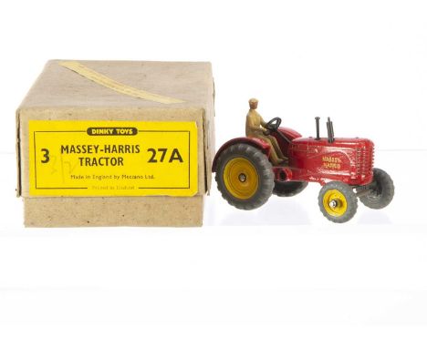 A Dinky Toys 27a Massey-Harris Tractor Trade Box, containing one example with red body, yellow cast wheels, driver and hook, 