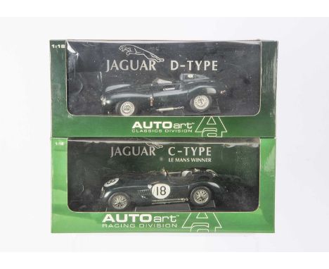 AutoArt 1:18 Jaguar Racing Cars, 85387 Jaguar C Type Le Mans Winner 1953, 73561 Jaguar D Type Short Nose, in original boxes, 