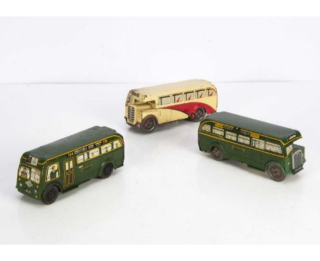 Wells Brimtoy large scale Tinplate clockwork and Friction drive Single Deck Buses, GLX-553 clockwork Greenline open cab Londo