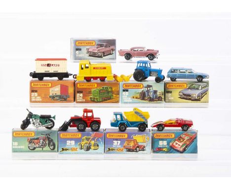 Matchbox Superfast, 4D 57' Chevy, 12D Citroen CX, 18B Hondarora, 24C Diesel Shunter, 25C Flat Container, 29C Tractor Shovel, 