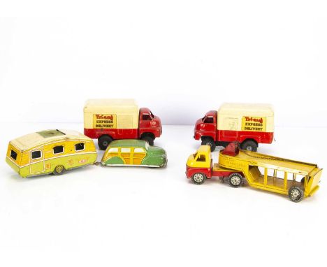 Tri-ang  Brimtoy and Mettoy tinplate large scale Vehicles, Tri-ang  Express Delivery red and cream Tinplate Delivery Lorries,
