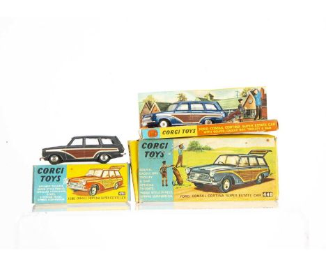 Corgi Toys 440 Ford Consul Cortina Super Estate, metallic dark blue body, cream interior, brown side panels, with golfer, cad