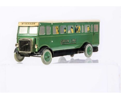 A large scale light tinplate Chad Valley clockwork Single Deck green Greenline Bus, E, tested well , minor scuffs