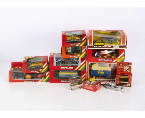 Britains Farm Implements, 9556 Hay Baler, 9541 Rotary Tedder, 9566 High Sided Tipper Cart, 9550 Fold-Up Cultivator, 9560 Vacu