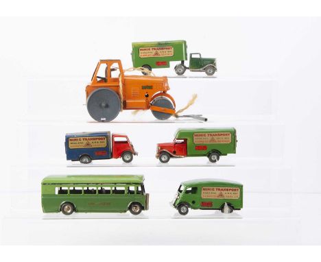 Six unboxed Tri-ang Minic tinplate clockwork Vehicles, 52M  London Transport green Single Deck Bus, slight rusting to grill, 