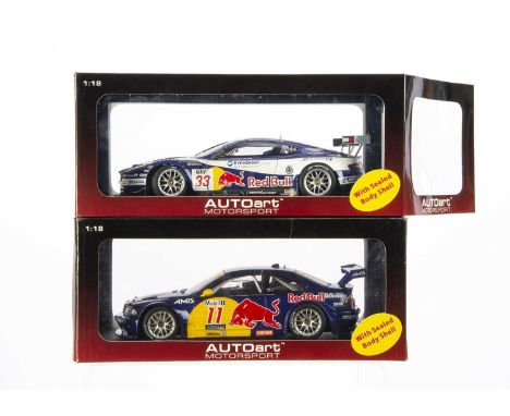 AutoArt 1:18 Red Bull Touring Cars, 80608 Aston Martin DBR9, 80645 BMW M3 GTR3 Interlagos 2005, in original boxes, VG, both l