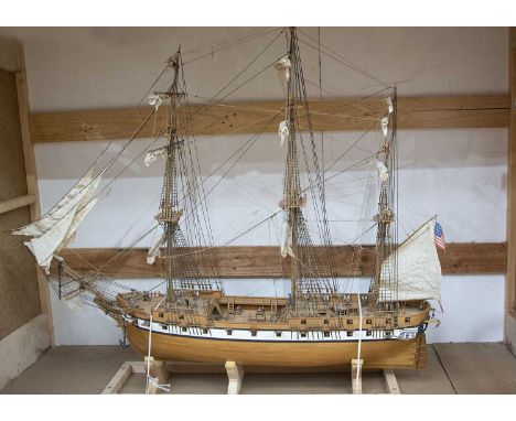 A large scale factory built model of  three masted Sloop-of-war Sailing ship  USS 'Constellation', constructed in wood to an 