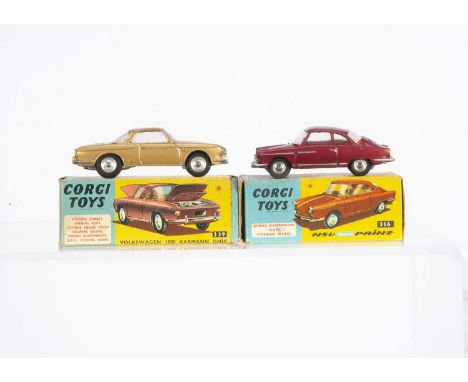 Corgi Toys German Cars, 239 Volkswagen 1500 Karmann Ghia, gold body, red interior, spun hubs, suitcase and spare wheel, 316 N