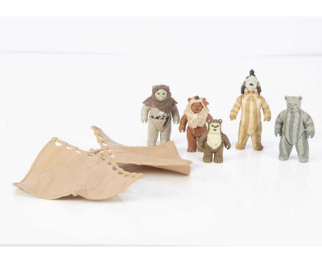 Vintage Star Wars Ewok Action Figures, Paploo, Chief Chirpa, Logray, all with original hoods, Wicket, Teebo, no accessories, 