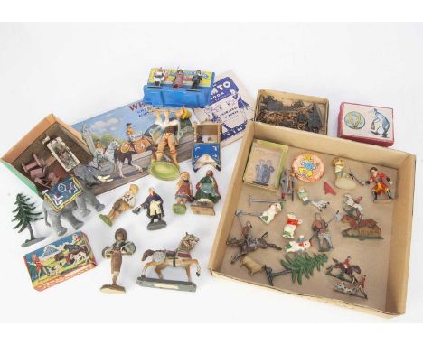 A miscellany of metal and ceramic figures including Heyde 48mm scale mounted knight, Elastolin composition Hansel, Gretel and
