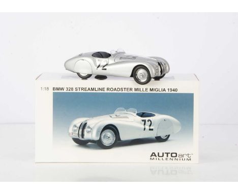 Autoart 1:18 Scale BMW 328 Streamline Roadster, boxed 84045, BMW 328 streamline roadster Millie Miglia 1950 no 72, in silver 