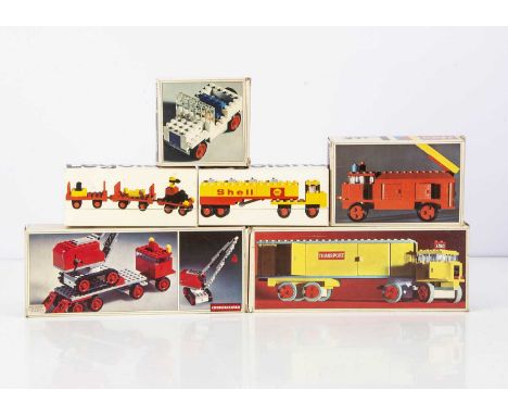 1960'S-1970'S Lego Vehicle Construction Sets, 330 white Jeep, 335 Lego articulated Transporter, 336 Fire Engine, 337 Low Load