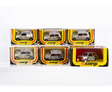 Corgi Toys 201 Mini 1000, six examples, all differing slightly, all silver body, red interior, Whizzwheels, notable variation