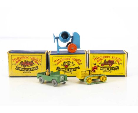 Matchbox 1-75 Series, scarce 8a Caterpillar Tractor, yellow body and rollers, red driver, green tracks, 3a Cement Mixer, ligh