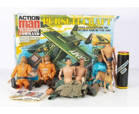 Vintage Action Man, including Pursuit Craft in original box with instructions, three dressed figures, three undressed, variou