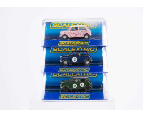 Modern Scalextric Mini Slot Cars, C3224 Morris Mini Cooper, C3302 Bob Holden Mini, C3405 Mini Neptune Racing, in original box