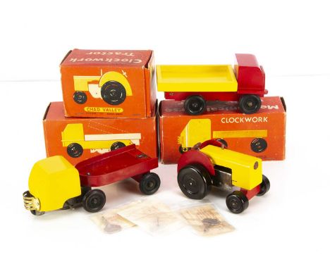 Chad Valley Clockwork Wooden Toys, Tractor, Mechanical Horse &amp; Trailer, Lorry, all finished in yellow and red with dark b