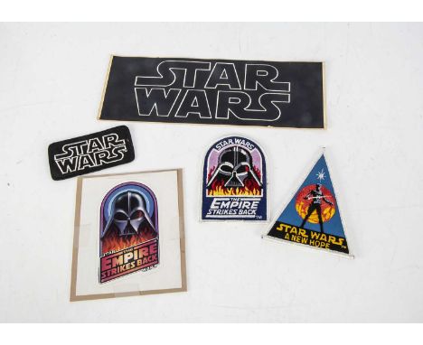 Vintage Star Wars Stickers &amp; Sew On Patches, including early 'Star Wars' logo bumper sticker, Vader In Flames Fan Club st
