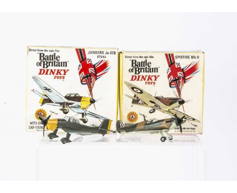 Dinky Toys 'Battle Of Britain' Aircraft, 719 Spitfire MkII, camouflaged body, RAF roundels, three-blade prop, 721 Junkers JU 