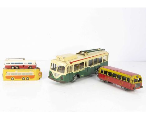 Continental tinplate and plastic Buses and Railbus, Joustra large scale tinplate green and cream clockwork powered and batter