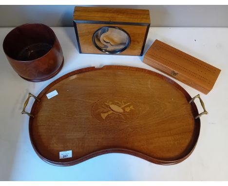 Wooden items; Antique Graphoscope, boxed dominoes, teak bowl and mahogany inlay double handled tray.