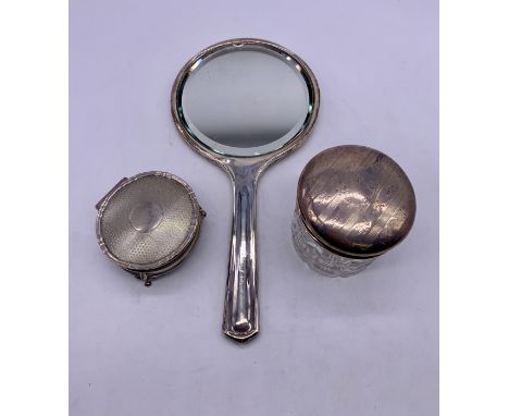 Silver hallmarked trinket box, Birmingham silver lidded crystal jar and silver hallmarked vanity mirror