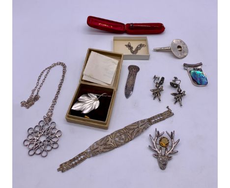 Box of silver and white metal jewellery to include Hamilton &amp; Inches leaf brooch, abalone shell pendant and Edinburgh sil