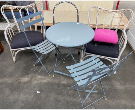 Selection of garden furnishings; two wicker chairs, garden table and chairs together with Harris Tweed stool and small step l