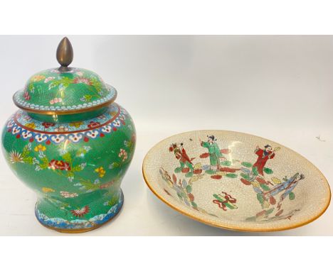 Chinese cloisonné ware lidded urn vase together with oriental crackle glazed hand painted bowl