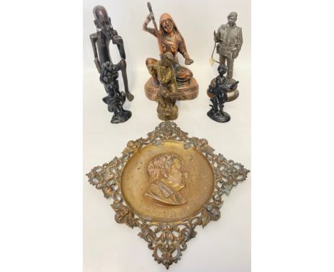 Brass Sir Walter Scott wall plaque and collection of figures to include heavy brass african tribal art sculpture of man sitti