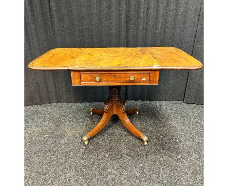 Regency mahogany and rosewood drop leaf table, the rectangular surface with D ends above a frieze drawer and opposing dummy d