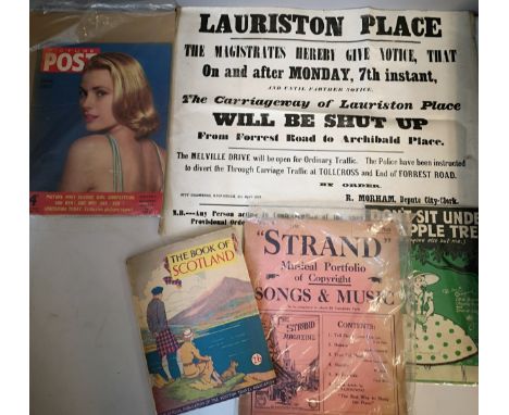 Lot of collectable Publications to include Picture Post with Grace Kelly 1955 and a original 1879 Edinburgh Road Closure Post