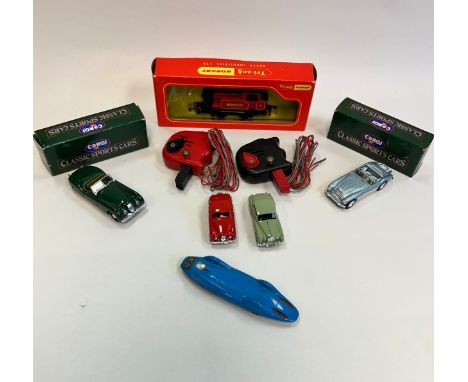 A mixed lot of collectors cars, which includes Tri-ang Minic Motorway cars with controllers, Austin Healey &amp; Jaguar XK120