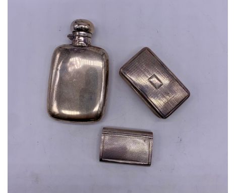 Sterling silver Walker & Hall hip flask and two London silver snuff boxesWeight - 157g