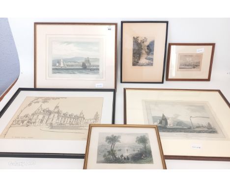 Six Framed pictures to include etchings and prints dipicting water scene