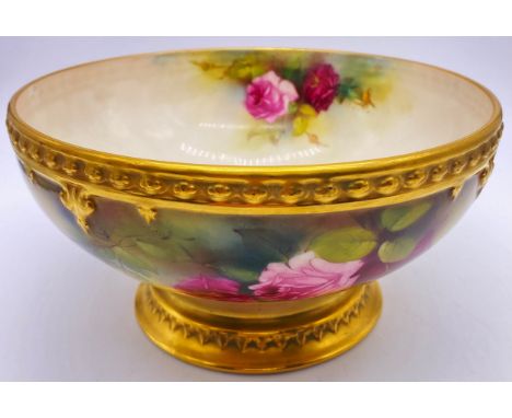 Royal Worcester porcelain pedestal bowl, hand painted with roses and foliage with repeating beaded borderShape - 246Height - 