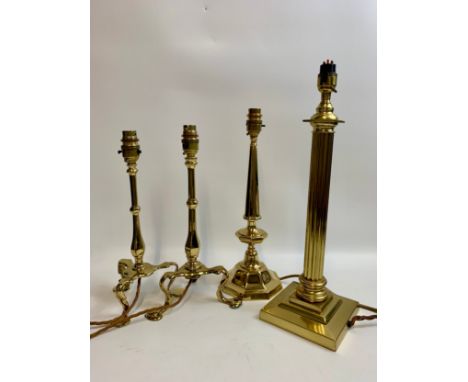 Collection of four brass table lamps to include heavy brass column lamp, no shadesTallest - 44cm