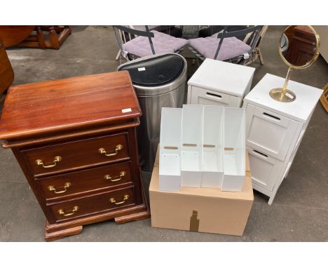 Small three drawer chest together with bathroom cabinet, kitchen bin and office storage holders