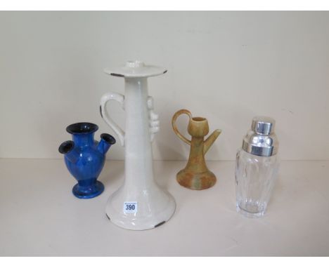 A royal cauldron jug, a torquay ware vase, a ceramic candlestick, 33cm tall, and a cut glass cocktail shaker, all good except