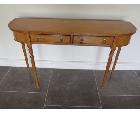 A new maple two drawer D shaped side hall table on turned legs made by a local craftsman to a high standard, 77cm tall x 120c