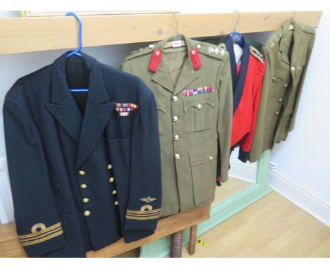 Two Army tunics, an Officer's mess uniform and a Naval Airforce jacket 