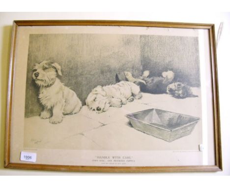 A print of dogs 'Handle with Care' after Cecil Aldin - 28 x 43cm
