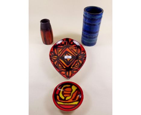 Two Poole pottery Agean dishes and two vintage studio pottery vases