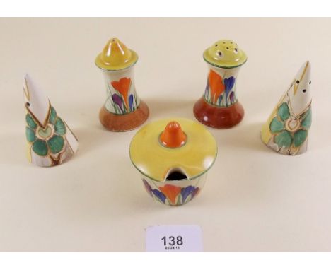 A Clarice Cliff conical salt and pepper painted green flowers (chips to base of pepper) and an Autumn Crocus salt, pepper and