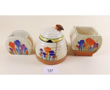 A Clarice Cliff Autumn Crocus honey pot (crack to pot), sugar bowl (with hairline crack) and large bonjour sugar bowl (small 