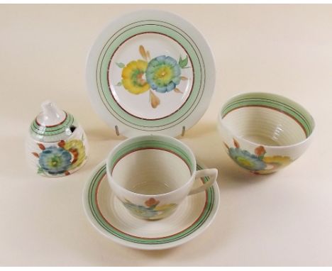 A Clarice Cliff Honeydew sugar bowl, plate, cup and saucer and honey pot (lid a/f) - only the plate is marked Clarice Cliff