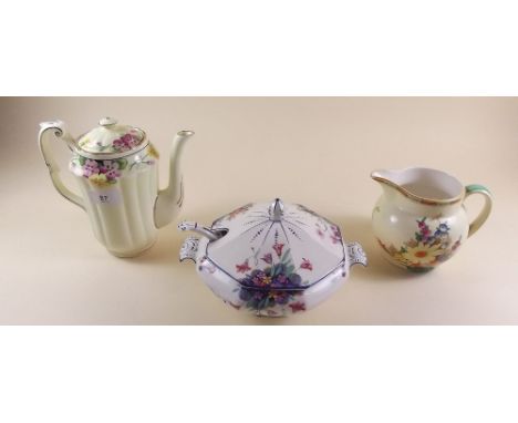 A Losol Ware jug, Crown Staffordshire coffee pot and a small tureen with ladle