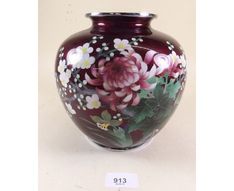 A mid 20th century Japanese cloisonne enamel vase decorated blossom on a red ground - 20cm