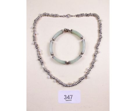 A silver and 'jade' bracelet and a silver and pearl necklace