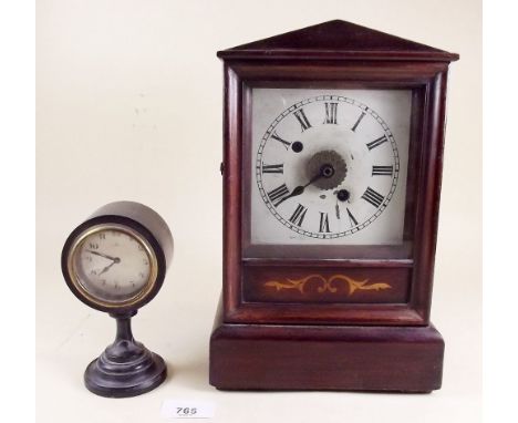 An Edwardian mahogany mantel clock and a small circular ebonised clock - both a/f
